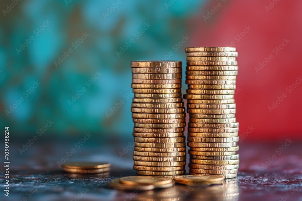 Poster stacks of coins arranged neatly on a surface with a colorful backdrop enhancing their shine