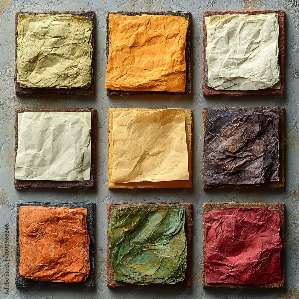 Poster nine textured squares in diverse colors arranged in a grid.