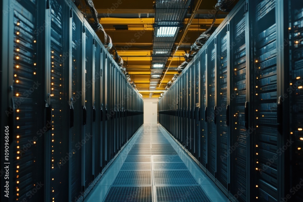Poster rows of server racks in a data center illuminated by overhead lights