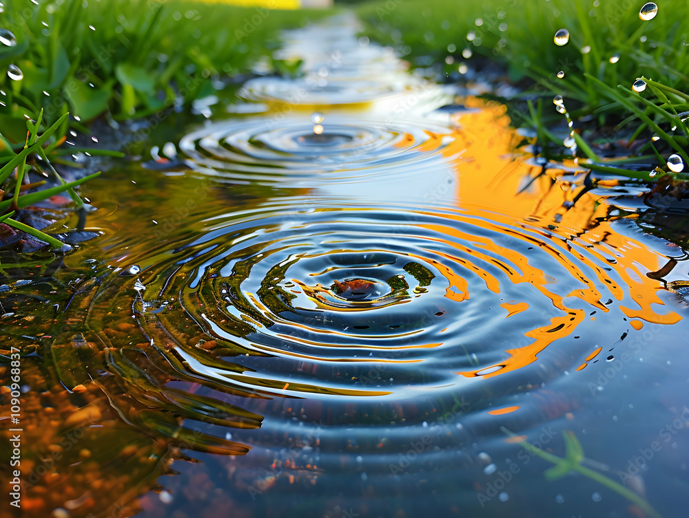 Poster rain drops creating concentric circles in a puddle.