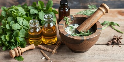 A rustic kitchen scene of a person creating herbal remedies using various ingredients like herbs, roots, and oils, wellness, holistic, homemade