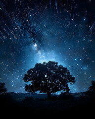 Silhouette of a tree under a night sky filled with stars and the Milky Way.