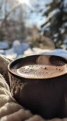 steaming cup of hot chocolate , cozy blanket in the background,