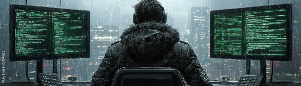 Poster hacker infiltrates neon district cyberpunk cityscape digital espionage high-tech environment third-p
