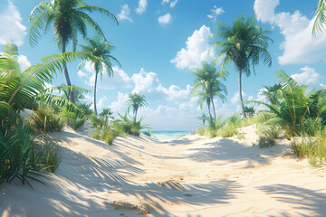 Obraz premium Tropical beach path lined with palm trees under a sunny sky.