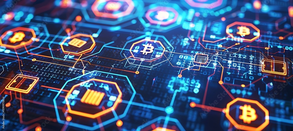 Poster a futuristic motherboard with blockchain security elements and cryptocurrency symbols representing d