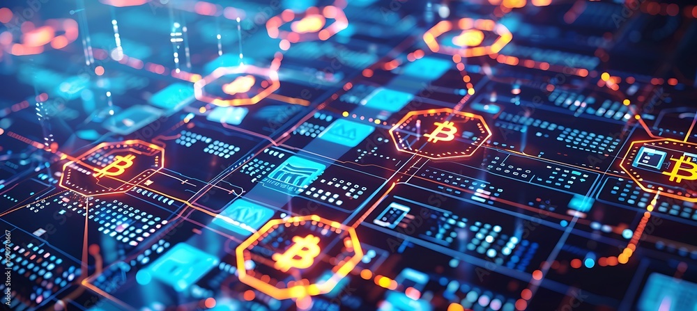 Aufkleber a futuristic motherboard with blockchain security elements and cryptocurrency symbols representing d