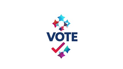 A colorful graphic promoting voting with stars and a checkmark symbol.