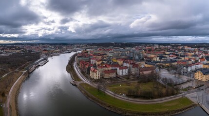 Fototapeta premium Gothenburg drone shot, cloudy day.