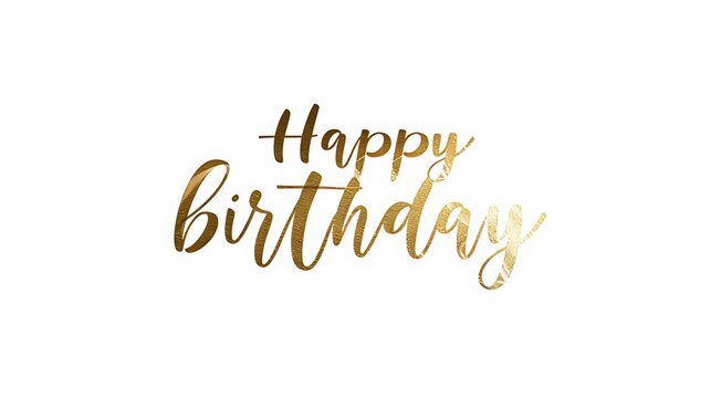 A stylish graphic design featuring the phrase "Happy Birthday" in a gold, cursive font on a white background.