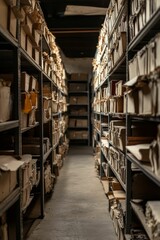 Fototapeta premium Archive storage; aged boxes, files, shelves.