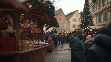 Colmar Christmas Market, wooden stalls decorated with typical Christmas ornaments sell hot mulled wine and traditional cakes, Ai generated images