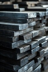 Stacked dark metal bars, industrial material.