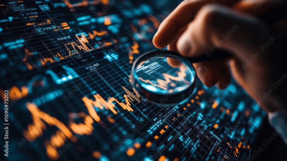 Poster close-up of a hand using a magnifying glass to examine detailed financial data displayed on a screen