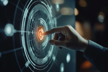 Man touching hologram business icon on virtual hud screen of strategies and targets