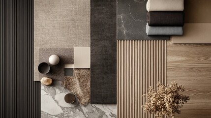Neutral-toned interior design mood board featuring various textures and materials, including wood, stone, fabric swatches, and small bowls. A serene and sophisticated aesthetic.
