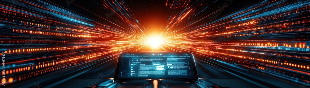 Poster futuristic dashboard with intense light effects, representing high-speed travel through space or dat