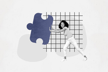 Composite photo collage of excited american girl push logic puzzle icon business plan development...