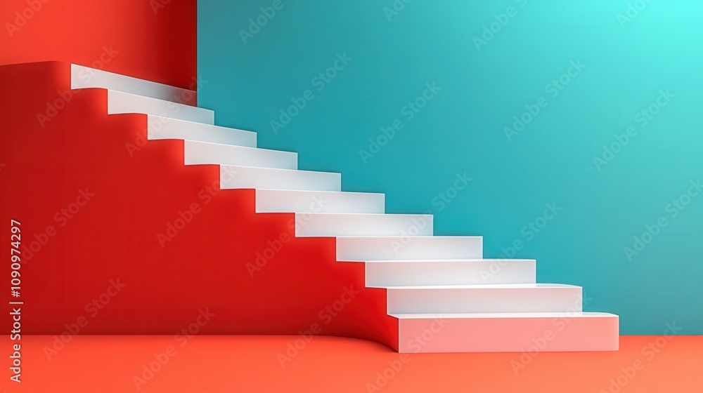 Poster minimalistic staircase design against vibrant colored walls, showcasing modern architecture and arti