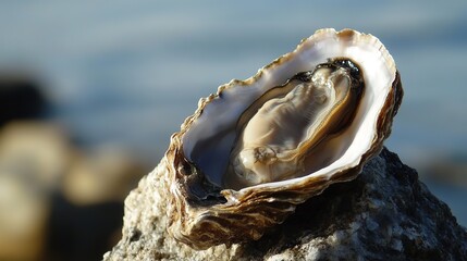 Fresh Oyster on Shell, Close-Up, Natural Seafood Delicacy.