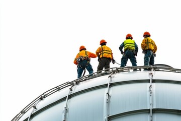 Fototapeta premium Four workers atop large industrial tank.