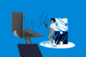 Creative collage picture young woman laptop worker remote job freelancer web browsing hand hold...