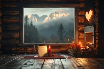Fototapeta premium Cozy cabin setting with candles and wine highlighting the mountain view during a serene evening