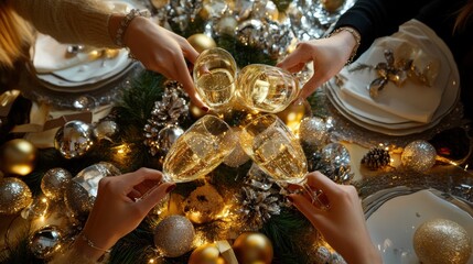  champagne glasses clinking together, golden bubbles, New Year's Eve party