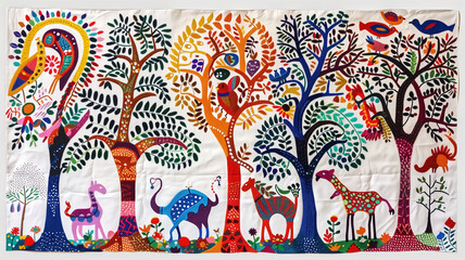 Traditional Gond painting of animals among abstract trees on a t