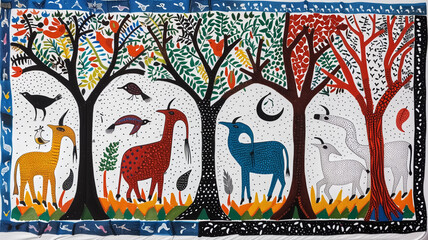 Traditional Gond painting of animals among abstract trees on a t