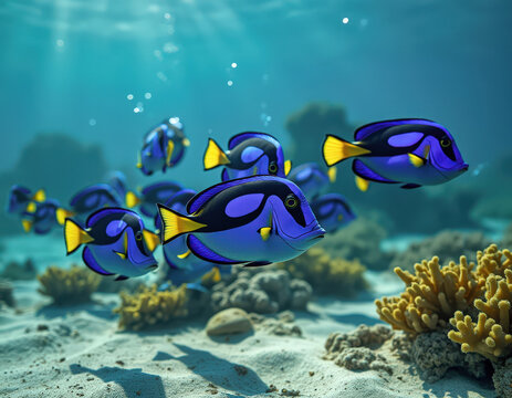 Banco de peces cirujano azul nadando sobre un fondo arenoso en un arrecife tropical iluminado.