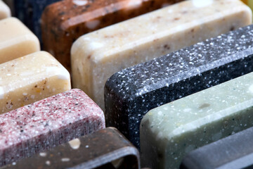 Porcelain stoneware artificial stone square samples as kitchen countertop examples of future...