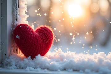 Fototapeta premium Cozy red heart in snowy window with winter sunset