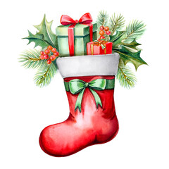 Watercolor Christmas stocking with gifts, green ribbon, holly berry and fir tree decor. The sock has a fluffy texture, isolated on white background. For xmas greeting cards and seasonal illustrations