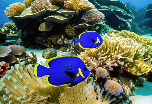 Dos peces cirujano azul entre corales y an&eacute;monas en un colorido arrecife tropical bajo aguas claras.