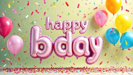 Pink foil balloons spelling "Happy Bday" float against a pastel green background, surrounded by colorful confetti and balloons. Concept of a happy birthday celebration.
