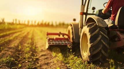 Tractor cultivating crops in golden sunset on a farm field.