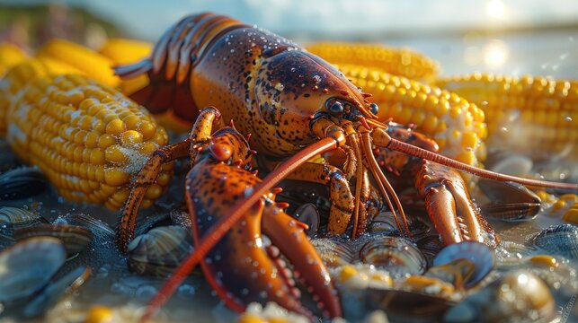 Picturesque New England Clam Bake on the Beach with Lobsters, Clams, Corn on the Cob, and Potatoes