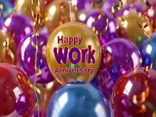 A colorful arrangement of balloons celebrating a work anniversary with a prominent "Happy Work Anniversary" balloon at the center.