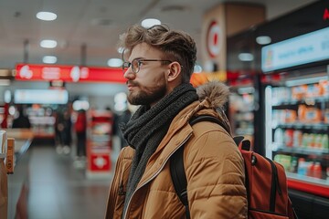 Fototapeta premium Young man with glasses and a stylish coat observing products in a modern store during daytime