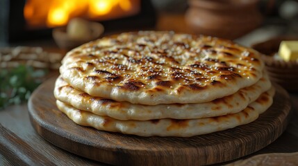 Close-up of freshly baked Iranian Khubz Kuwaits, stacked golden naan breads with sesame seeds on a rustic wooden board, showcasing Middle Eastern cuisine, warm earthy tones for food blogs or menus