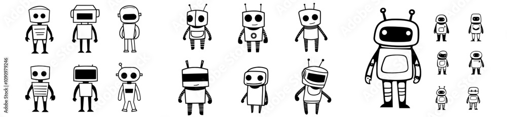 Poster a set of linear icons representing robots, machines, stock, technology, and characters.