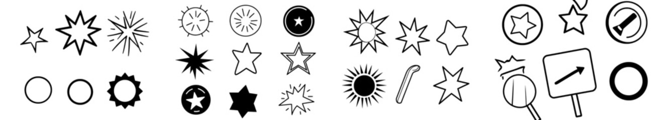 A set of starburst stickers featuring black flat price tags with explosion silhouettes and retro sale badges. Modern illustrations include star-shaped blank labels and stickers, emblems on white