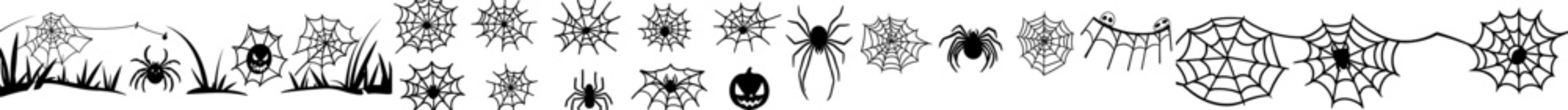 Spiderweb. Creepy cobwebs. Realistic spiderweb borders. Spooky Halloween backdrop. Isolated gothic decorative elements collection. Modern sticky, tangled lines dangling in corners.