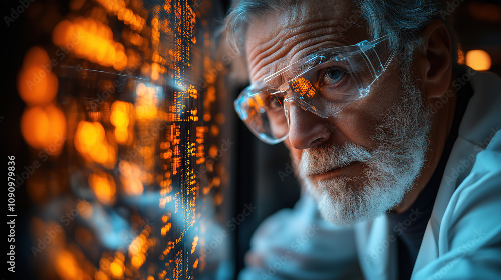 Aufkleber elderly scientist analyzing data on a glowing screen in a laboratory during evening hours. generativ