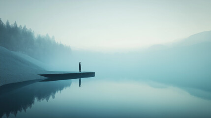 A figure stands alone by the lake, gazing into the water’s reflection as morning mist hovers above the surface, reflective mood on the psychology behind relationships