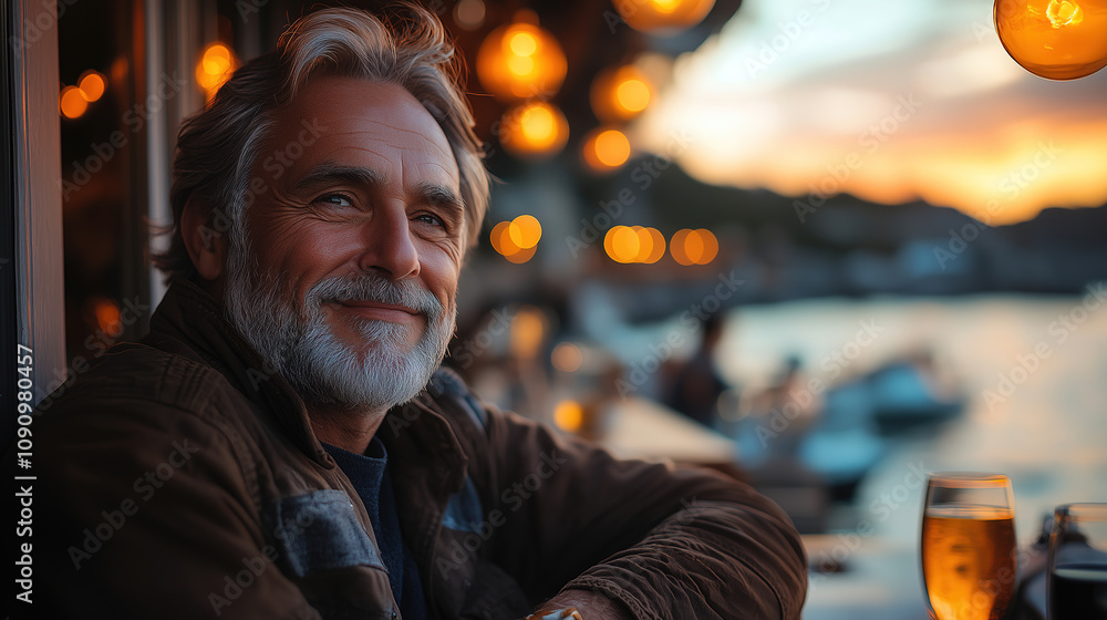 Poster smiling man enjoys sunset view while relaxing at outdoor bar with a drink in hand by the waterfront.