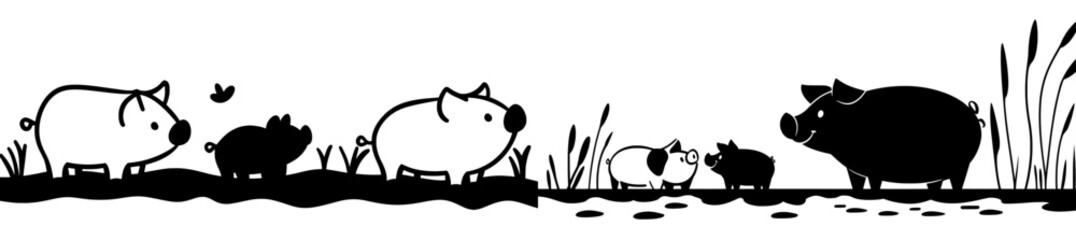 Obraz premium A cartoon piglet and its parent, both pink, playing in the mud on a farm. Cheerful pork characters in an outdoor scene. A flat, isolated modern livestock poster set.