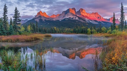 Obraz premium Sunrise Majesty: Breathtaking Mountain Reflection in Alberta's Pristine Lake