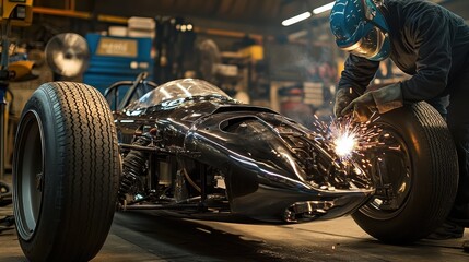 A mechanic welds a vintage race car in a workshop, showcasing craftsmanship and precision.